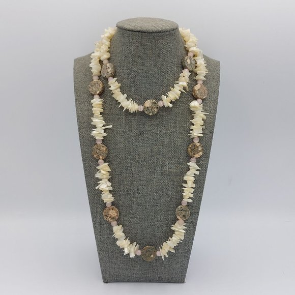 Necklace White Mother of Pearl Pink Cat Eye Granite Disc Puka look 36" Single St - Picture 1 of 8